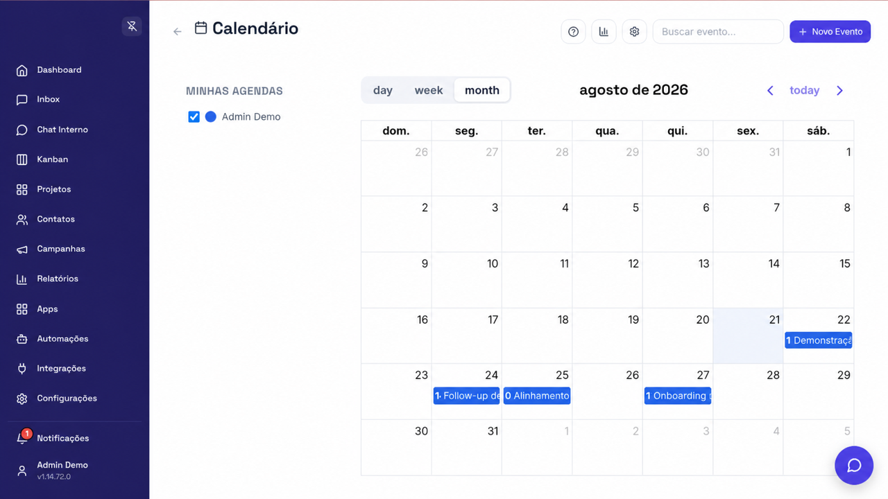 Tela principal da Agenda com visualização mensal da empresa demo