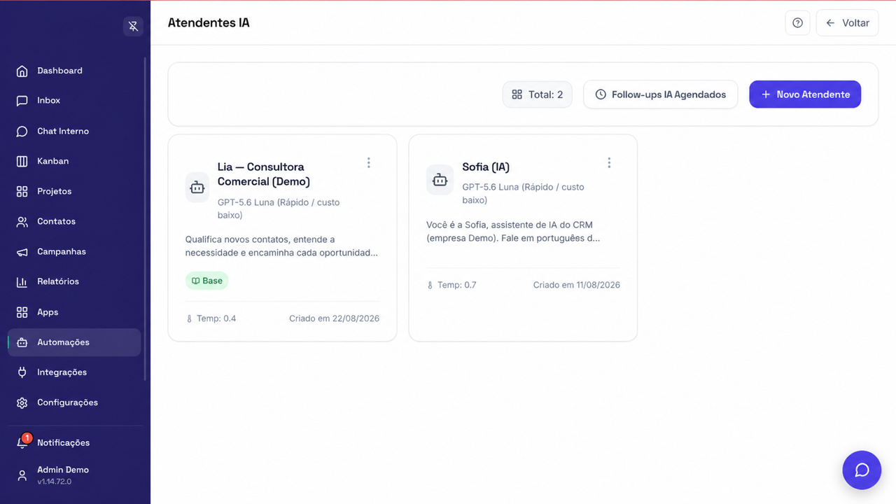 Painel de Atendentes de IA com atendentes demonstrativos