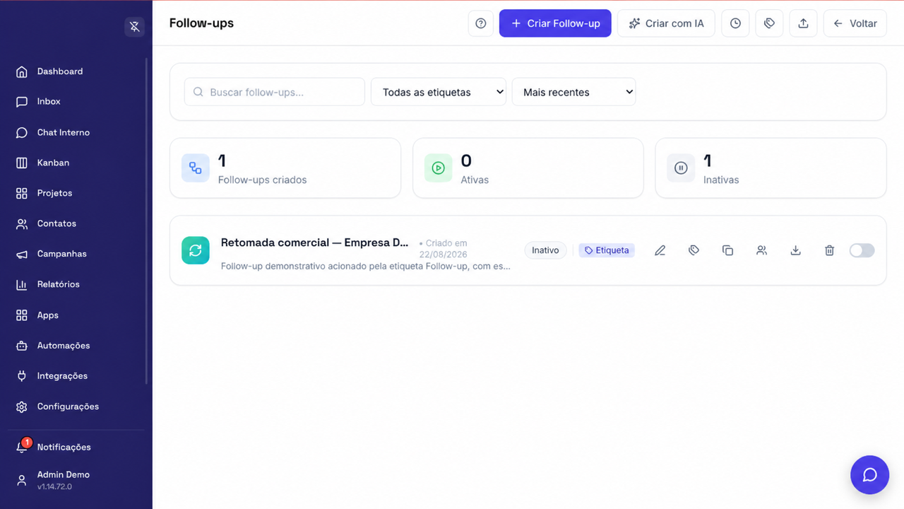 Painel real de Follow-ups da empresa Demo