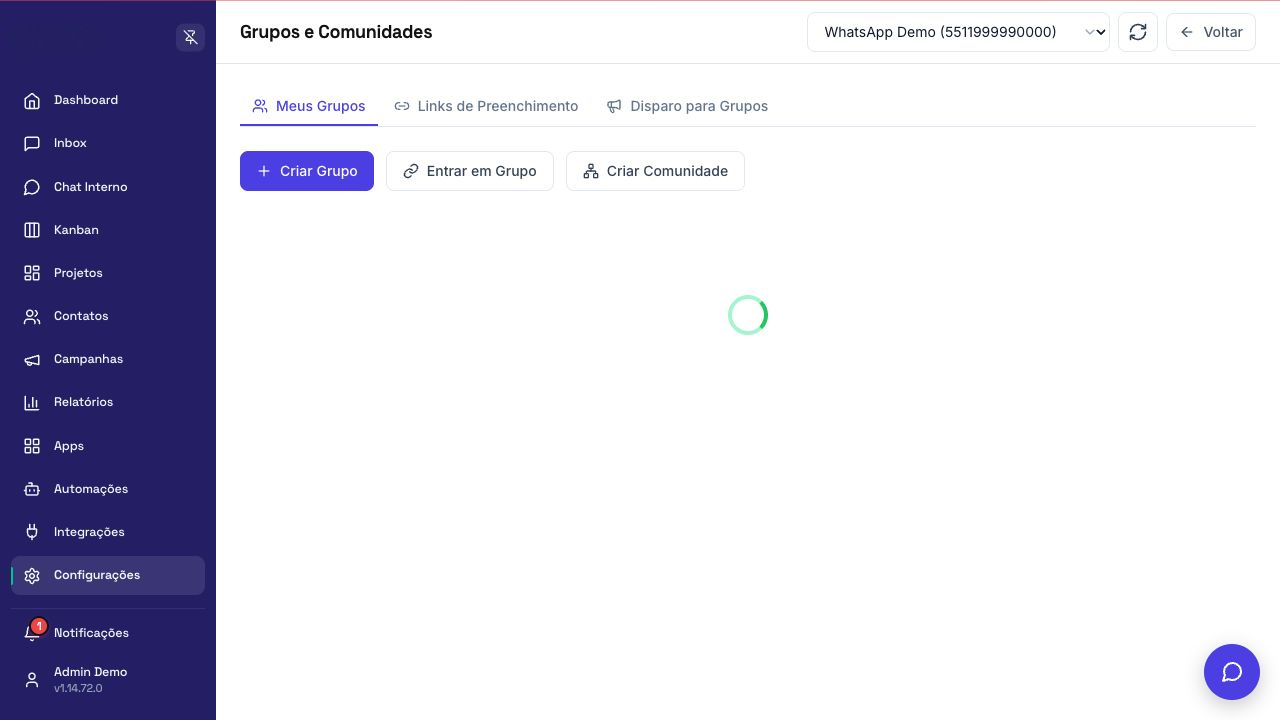 Tela de grupos e comunidades