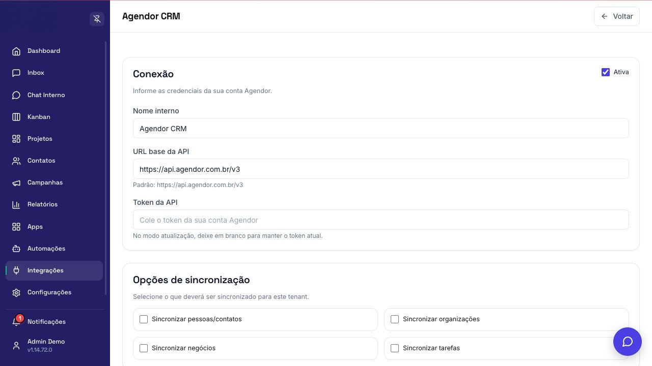 Tela de configuração de Agendor CRM