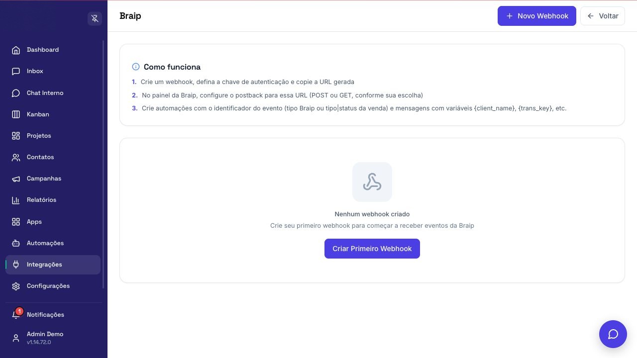 Tela de configuração de Braip
