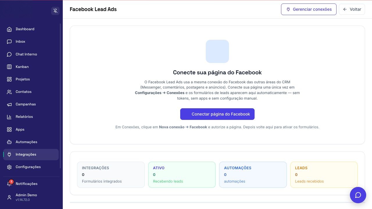 Tela de configuração de Facebook Lead Ads