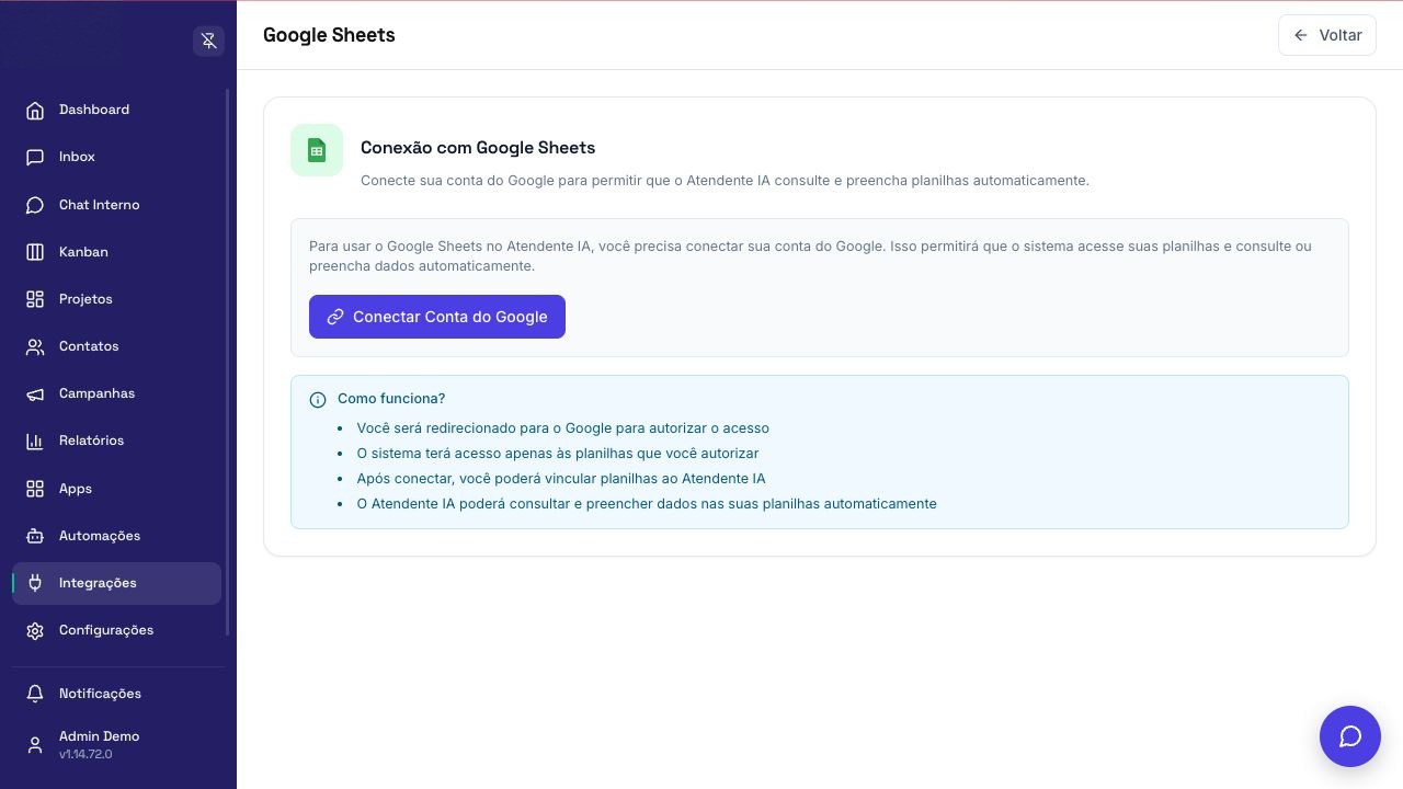 Tela de configuração de Google Sheets