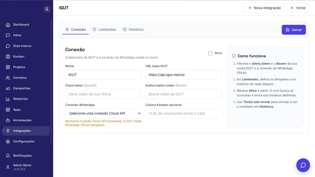 Tela de configuração de IGUT