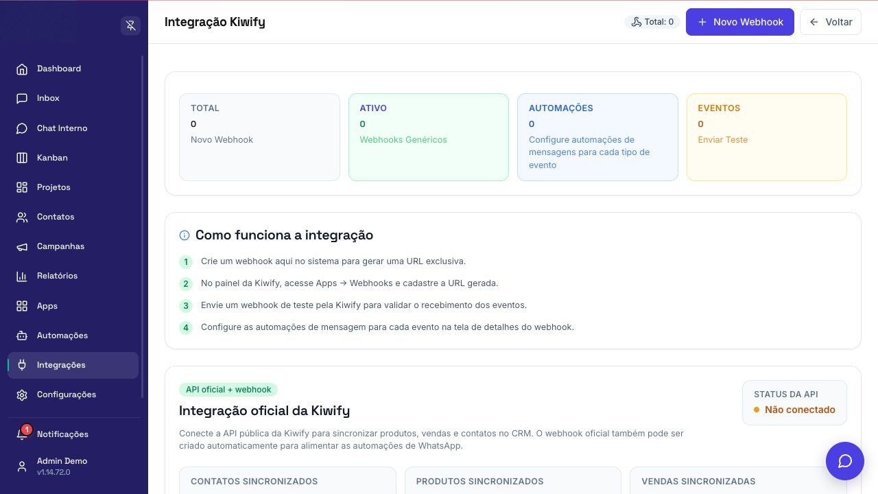 Tela de configuração de Kiwify