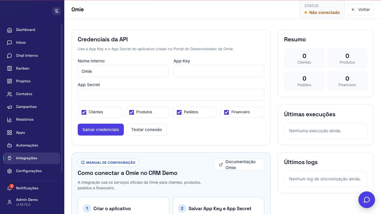 Tela de configuração de Omie