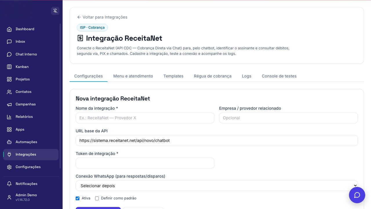 Tela de configuração de ReceitaNet