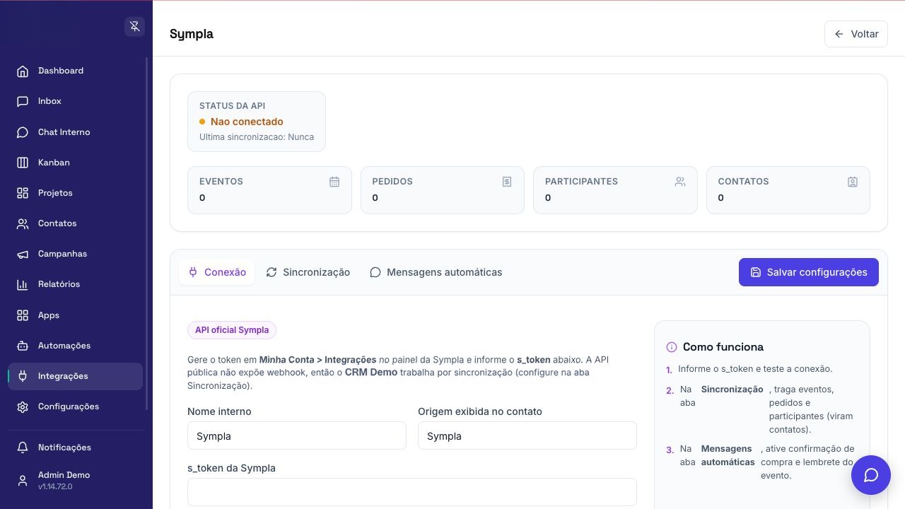 Tela de configuração de Sympla