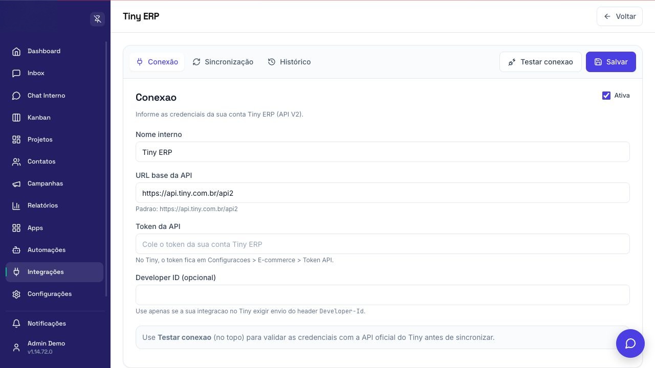Tela de configuração de Tiny ERP