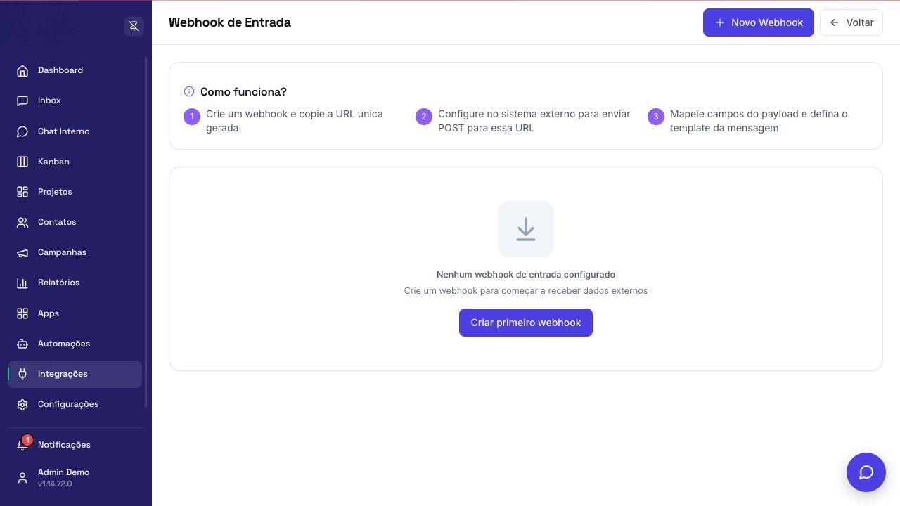 Tela de configuração de Webhook de Entrada