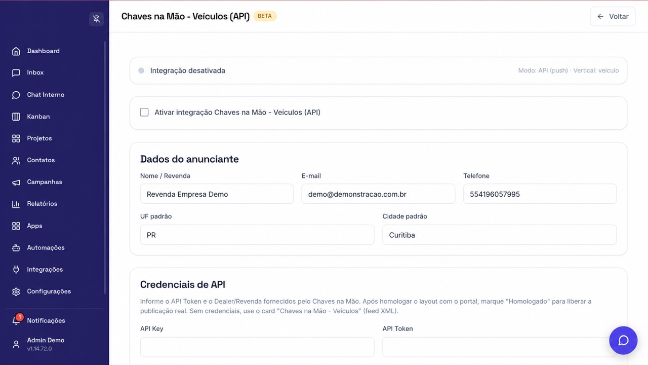 Configuração real de Chaves na Mão - Veículos (API) na empresa Demo