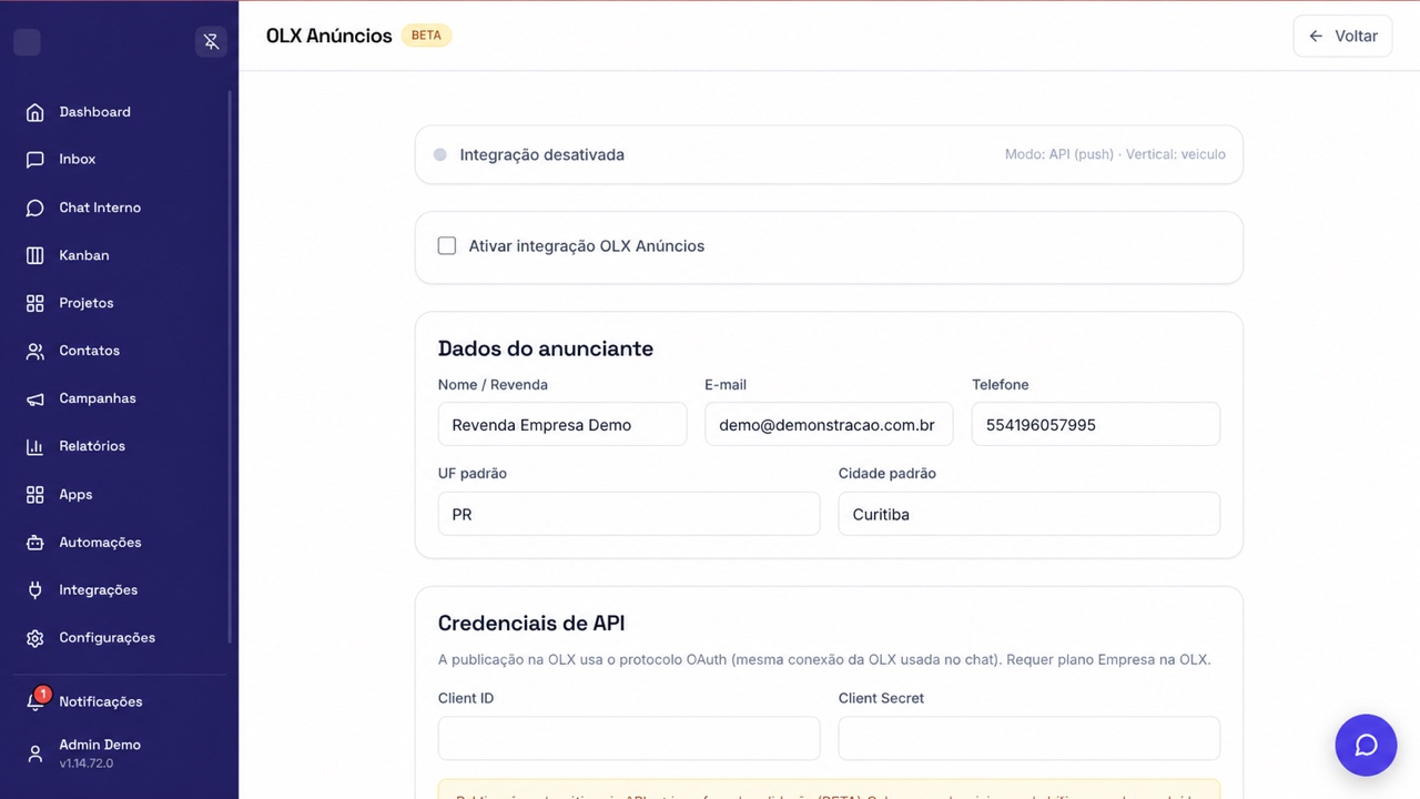 Configuração real de OLX Anúncios na empresa Demo