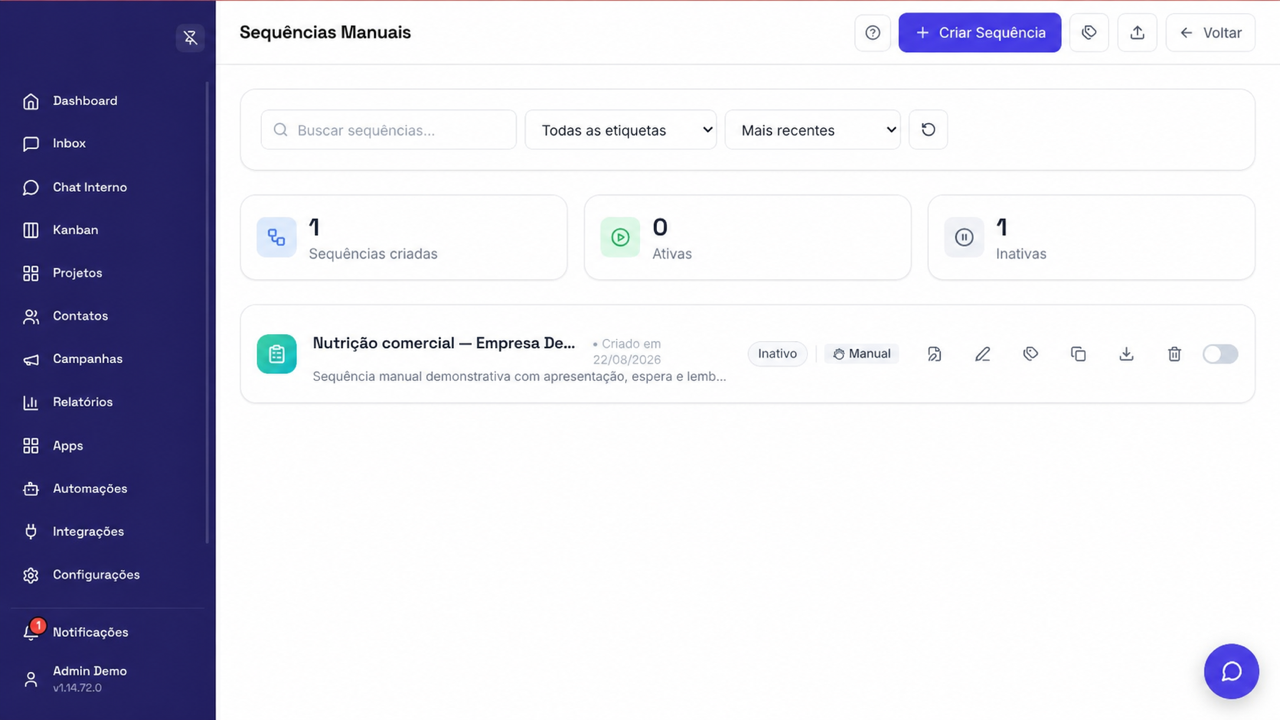 Painel real de Sequências Manuais da empresa Demo