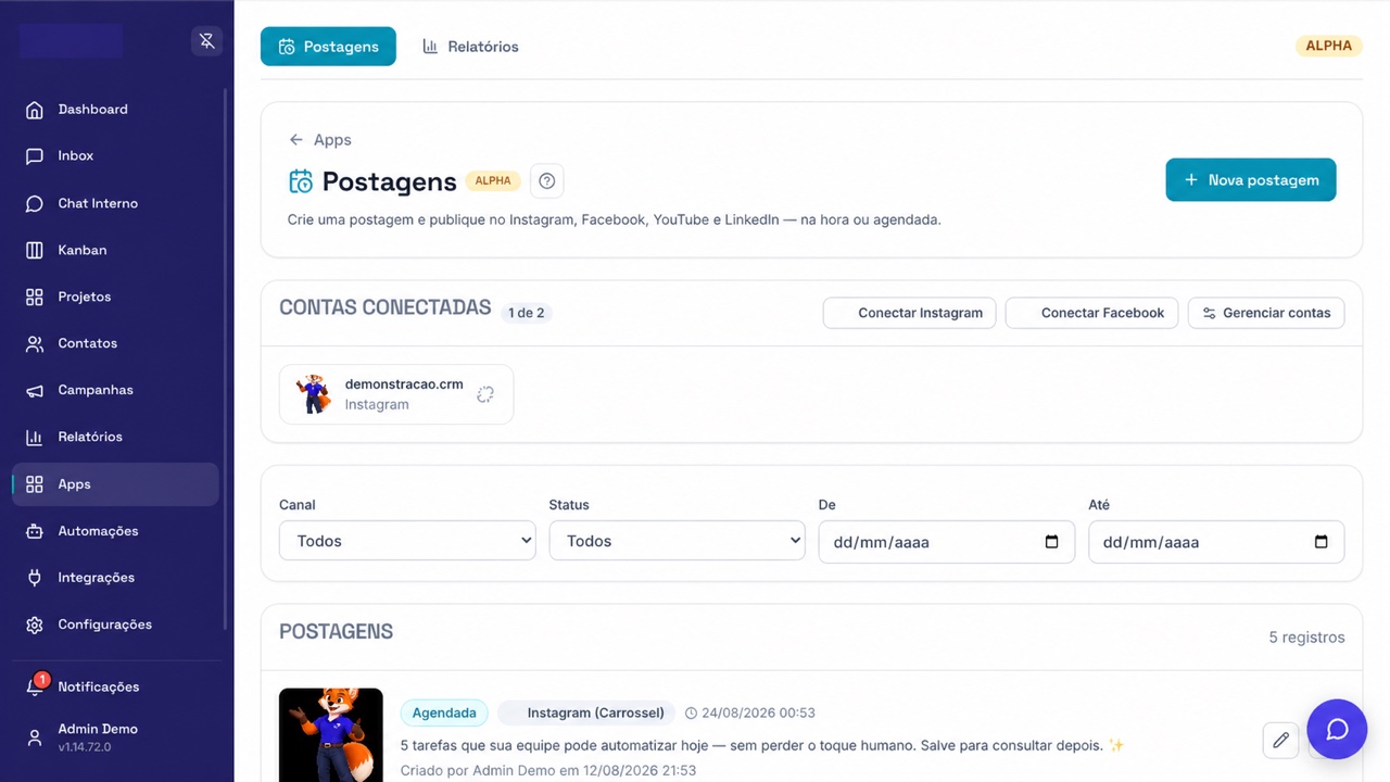 Tela de Postagens do Social Media com conta conectada, filtros e conteúdos