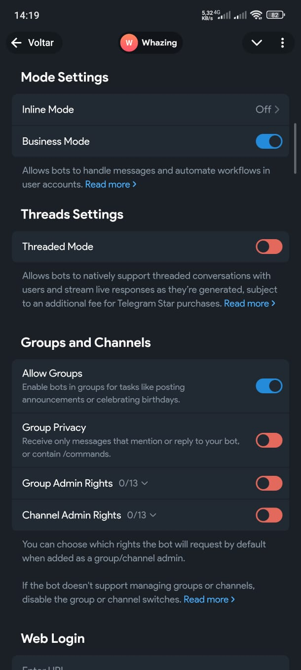 Tela de configurações do bot no BotFather